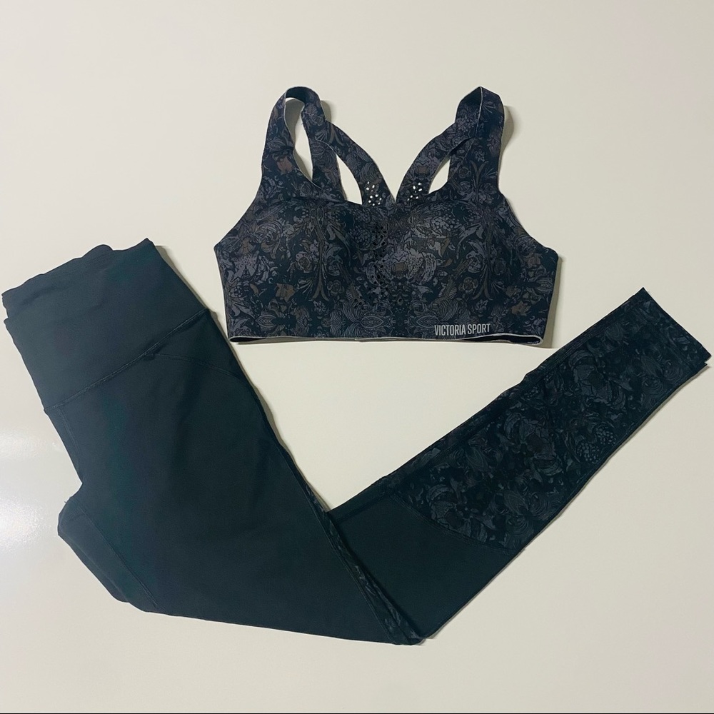 VICTORIA SPORT 2pc set black knockout tights/ Angel Max sports bra size 34B.